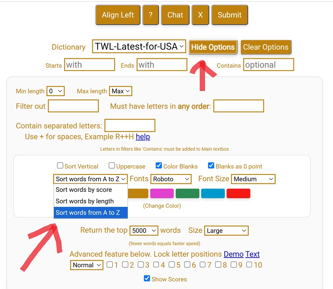 Options open, with the sort dropdown set to Sort words from A to Z